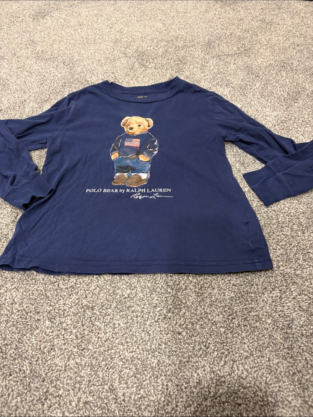 Ralph Lauren Navy Long-Sleeve Kids Tee with Polo Bear Print